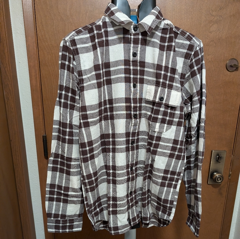 New Filson Rustic Oxford Plaid Button Front L/S Shirt Cream Brown S Small NWT